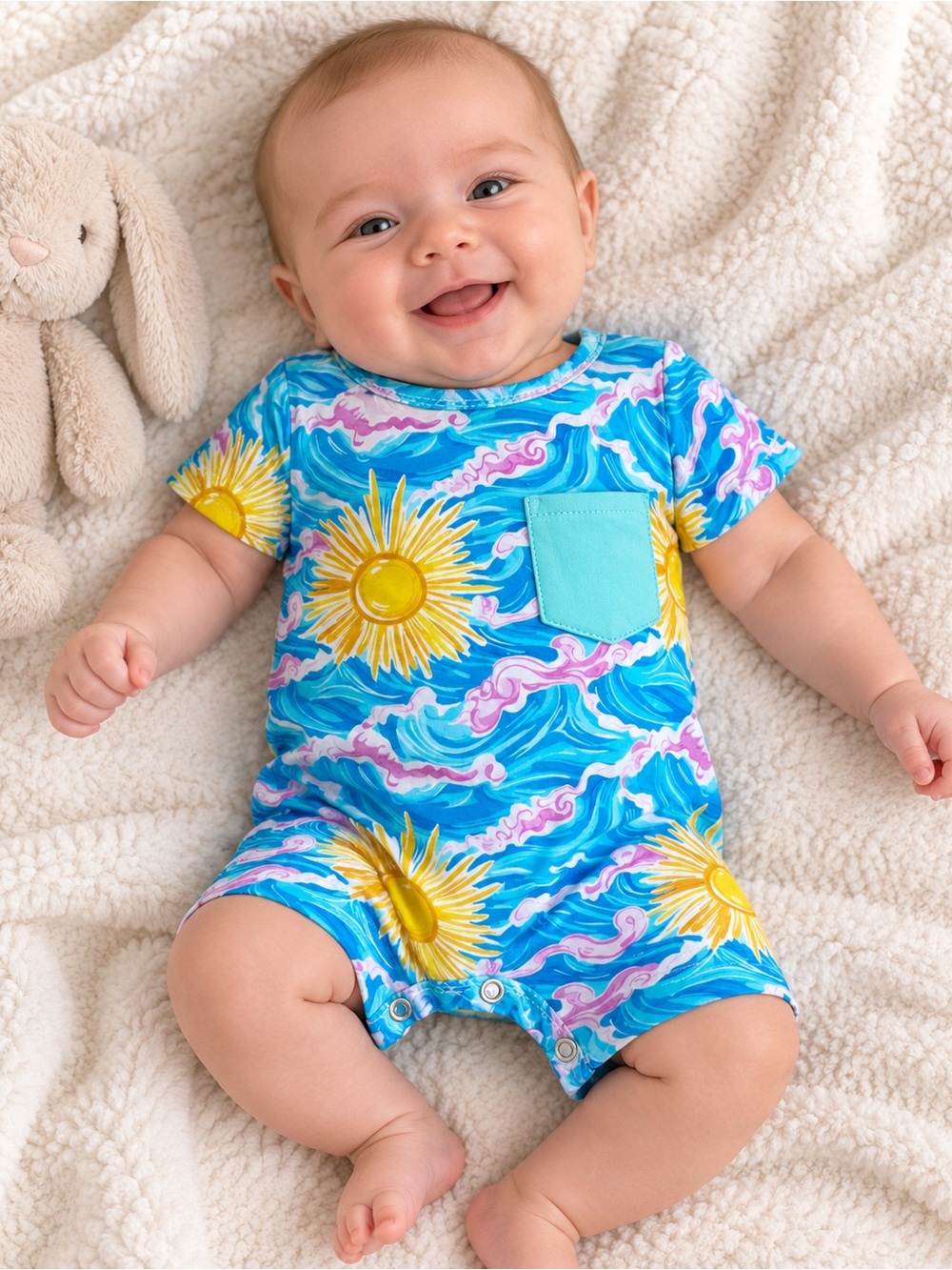 My Gigi’s Closet Bamboo Sun & Waves Shorty Romper 0-3M NWT